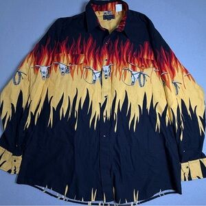 VINTAGE ROPER XXL PEARL SNAP SHIRT WESTERN FLAMES STEER SKULL COWBOY WRANGLER